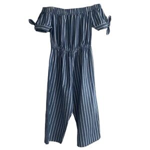 Hint of Blush Blue And White Striped Off The Shoulder Jumpsuit